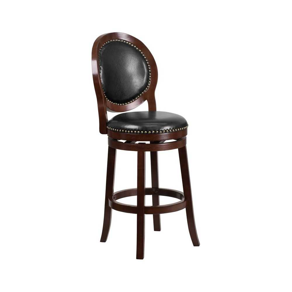 30'' High Cappuccino Wood Barstool with Oval Back and Black LeatherSoft Swivel Seat 30'' High Cappuccino Wood Barstool with Oval Back and Black LeatherSoft Swivel Seat