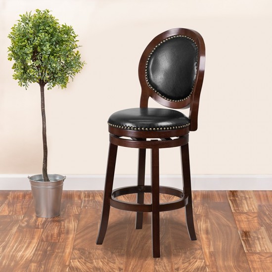 30'' High Cappuccino Wood Barstool with Oval Back and Black LeatherSoft Swivel Seat