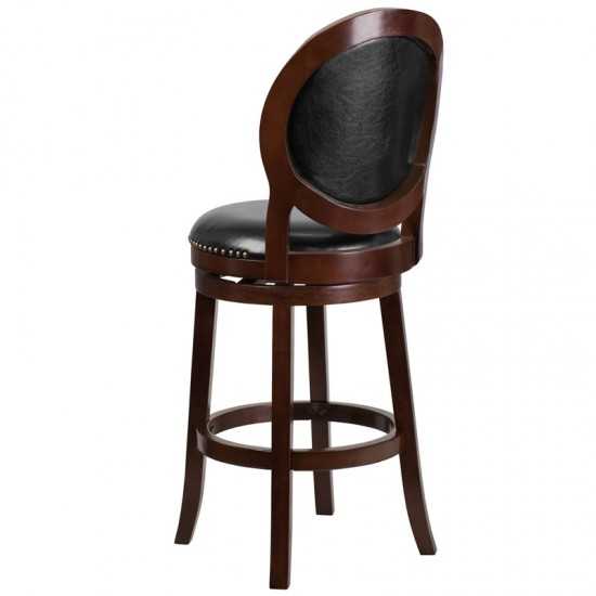 30'' High Cappuccino Wood Barstool with Oval Back and Black LeatherSoft Swivel Seat