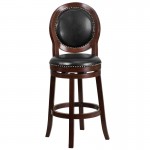 30'' High Cappuccino Wood Barstool with Oval Back and Black LeatherSoft Swivel Seat