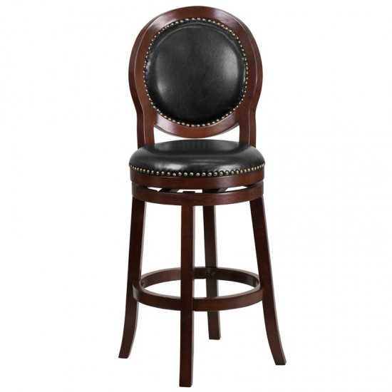 30'' High Cappuccino Wood Barstool with Oval Back and Black LeatherSoft Swivel Seat