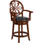 26'' High Brandy Wood Counter Height Stool with Arms, Carved Back and Black LeatherSoft Swivel Seat