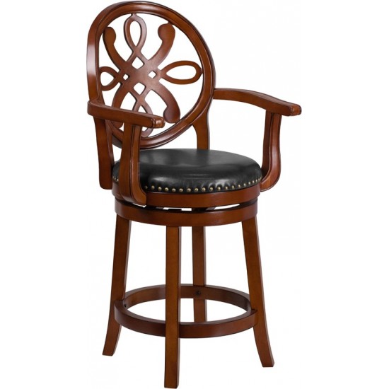 26'' High Brandy Wood Counter Height Stool with Arms, Carved Back and Black LeatherSoft Swivel Seat