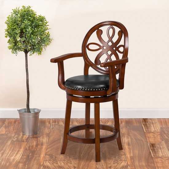 26'' High Brandy Wood Counter Height Stool with Arms, Carved Back and Black LeatherSoft Swivel Seat