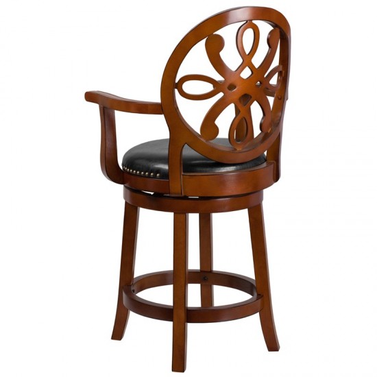 26'' High Brandy Wood Counter Height Stool with Arms, Carved Back and Black LeatherSoft Swivel Seat