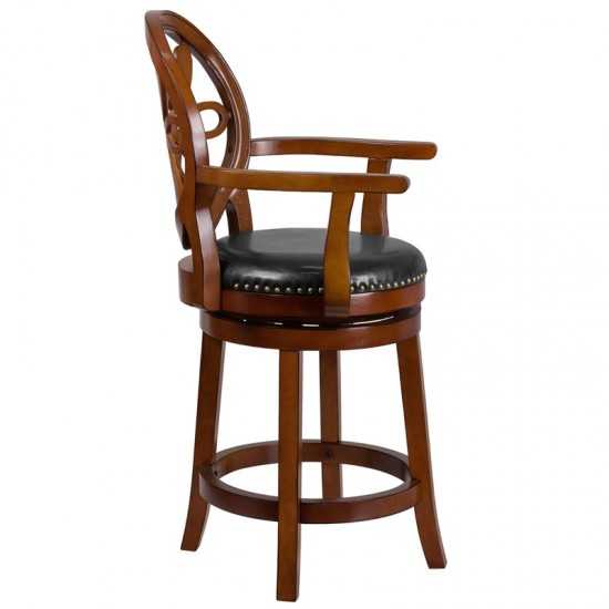 26'' High Brandy Wood Counter Height Stool with Arms, Carved Back and Black LeatherSoft Swivel Seat