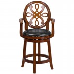 26'' High Brandy Wood Counter Height Stool with Arms, Carved Back and Black LeatherSoft Swivel Seat