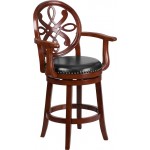 26'' High Cherry Wood Counter Height Stool with Arms, Carved Back and Black LeatherSoft Swivel Seat