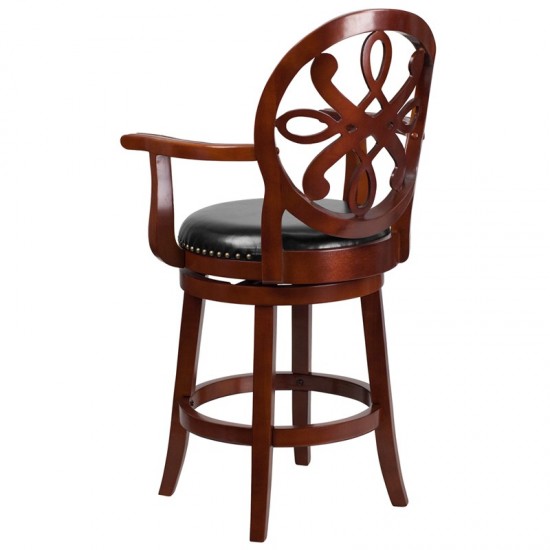 26'' High Cherry Wood Counter Height Stool with Arms, Carved Back and Black LeatherSoft Swivel Seat