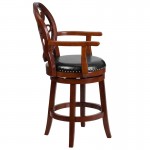 26'' High Cherry Wood Counter Height Stool with Arms, Carved Back and Black LeatherSoft Swivel Seat