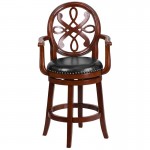 26'' High Cherry Wood Counter Height Stool with Arms, Carved Back and Black LeatherSoft Swivel Seat