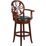 30'' High Cherry Wood Barstool with Arms, Carved Back and Black LeatherSoft Swivel Seat