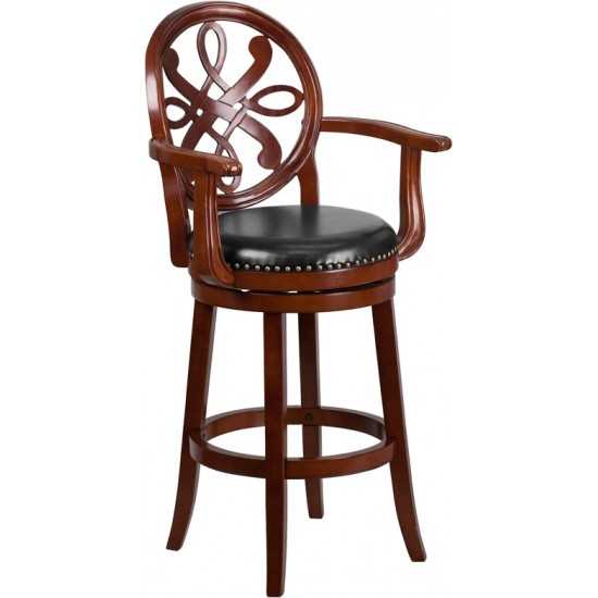 30'' High Cherry Wood Barstool with Arms, Carved Back and Black LeatherSoft Swivel Seat