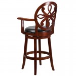 30'' High Cherry Wood Barstool with Arms, Carved Back and Black LeatherSoft Swivel Seat