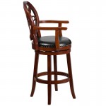 30'' High Cherry Wood Barstool with Arms, Carved Back and Black LeatherSoft Swivel Seat