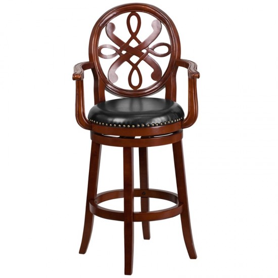 30'' High Cherry Wood Barstool with Arms, Carved Back and Black LeatherSoft Swivel Seat