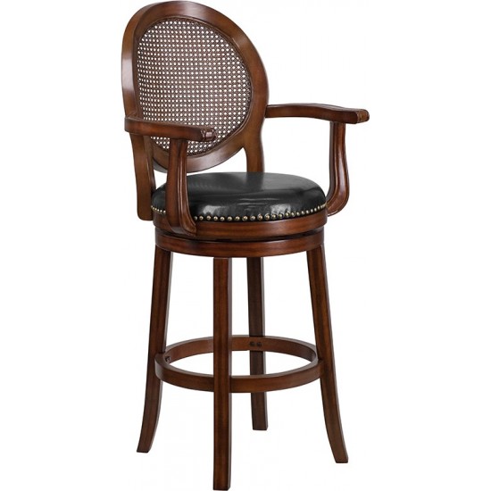 30'' High Expresso Wood Barstool with Arms, Woven Rattan Back and Black LeatherSoft Swivel Seat