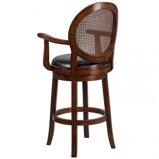 30'' High Expresso Wood Barstool with Arms, Woven Rattan Back and Black LeatherSoft Swivel Seat