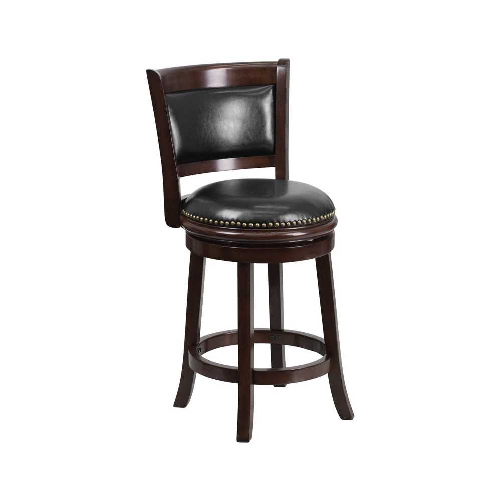 24'' High Cappuccino Wood Counter Height Stool with Panel Back and Black LeatherSoft Swivel Seat