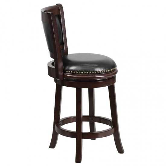 24'' High Cappuccino Wood Counter Height Stool with Panel Back and Black LeatherSoft Swivel Seat