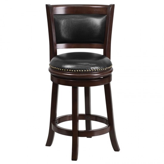 24'' High Cappuccino Wood Counter Height Stool with Panel Back and Black LeatherSoft Swivel Seat