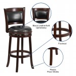 29'' High Cappuccino Wood Barstool with Panel Back and Black LeatherSoft Swivel Seat