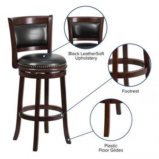 29'' High Cappuccino Wood Barstool with Panel Back and Black LeatherSoft Swivel Seat