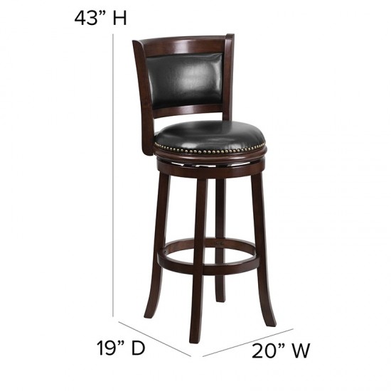 29'' High Cappuccino Wood Barstool with Panel Back and Black LeatherSoft Swivel Seat