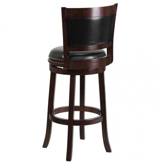 29'' High Cappuccino Wood Barstool with Panel Back and Black LeatherSoft Swivel Seat
