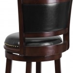 29'' High Cappuccino Wood Barstool with Panel Back and Black LeatherSoft Swivel Seat
