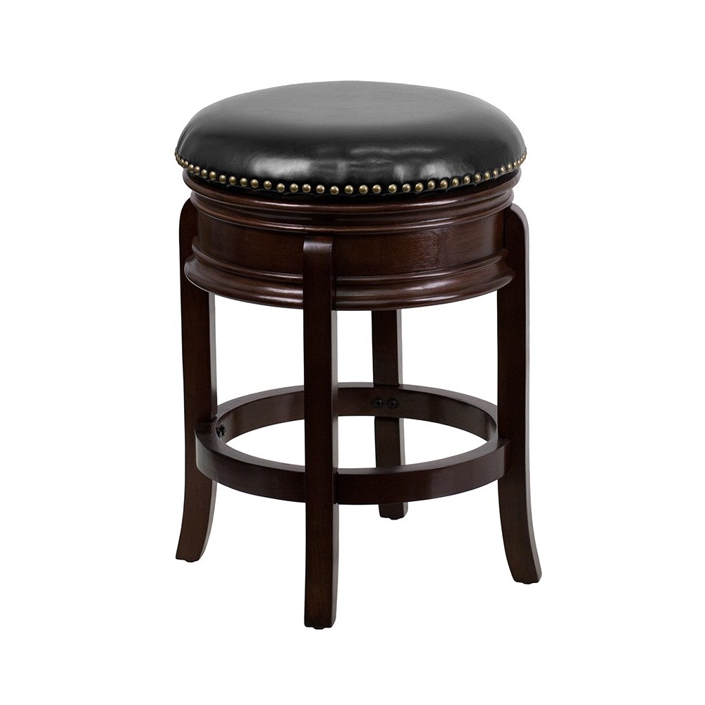 24'' High Backless Cappuccino Wood Counter Height Stool with Carved Apron and Black LeatherSoft Swivel Seat 24'' High Backless Cappuccino Wood Counter Height Stool with Carved Apron and Black LeatherSoft Swivel Seat