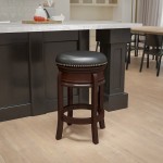 24'' High Backless Cappuccino Wood Counter Height Stool with Carved Apron and Black LeatherSoft Swivel Seat