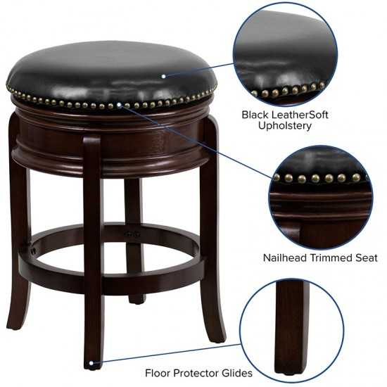 24'' High Backless Cappuccino Wood Counter Height Stool with Carved Apron and Black LeatherSoft Swivel Seat