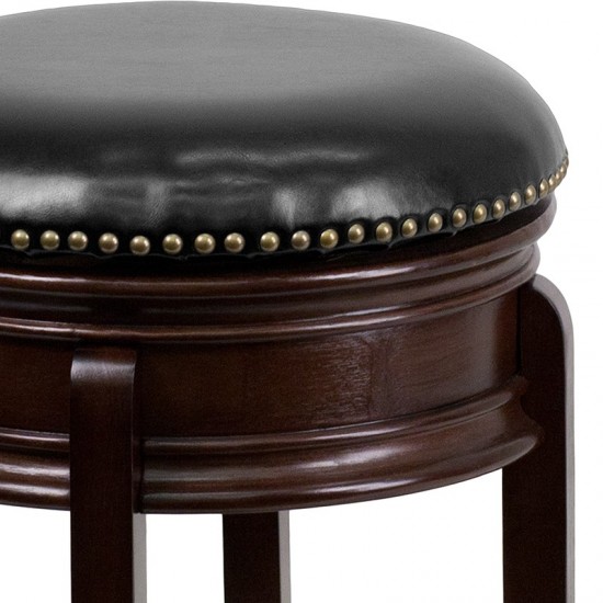 24'' High Backless Cappuccino Wood Counter Height Stool with Carved Apron and Black LeatherSoft Swivel Seat
