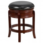 24'' High Backless Light Cherry Wood Counter Height Stool Carved Apron and Black LeatherSoft Swivel Seat