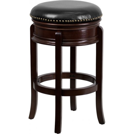 29'' High Backless Cappuccino Wood Barstool with Carved Apron and Black LeatherSoft Swivel Seat