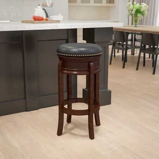 29'' High Backless Cappuccino Wood Barstool with Carved Apron and Black LeatherSoft Swivel Seat