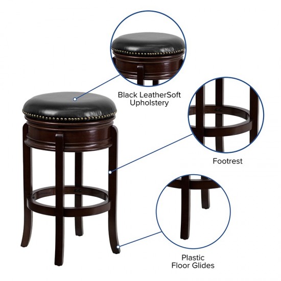 29'' High Backless Cappuccino Wood Barstool with Carved Apron and Black LeatherSoft Swivel Seat