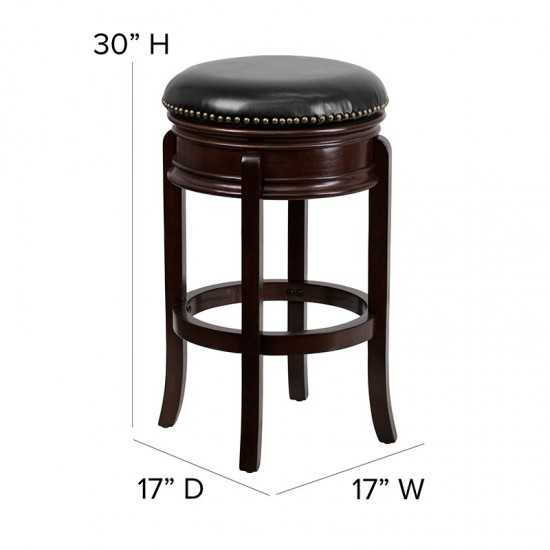 29'' High Backless Cappuccino Wood Barstool with Carved Apron and Black LeatherSoft Swivel Seat