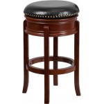 29'' High Backless Light Cherry Wood Barstool with Carved Apron and Black LeatherSoft Swivel Seat