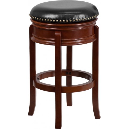 29'' High Backless Light Cherry Wood Barstool with Carved Apron and Black LeatherSoft Swivel Seat