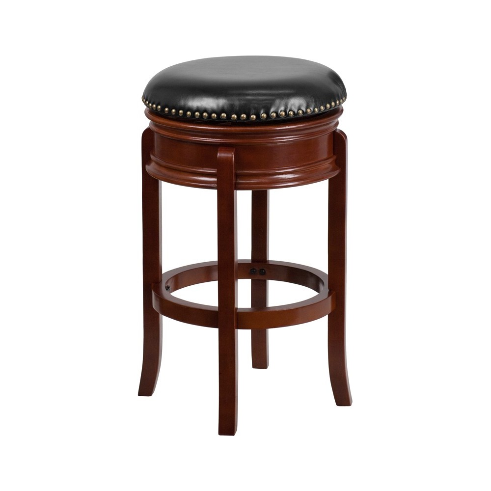 29'' High Backless Light Cherry Wood Barstool with Carved Apron and Black LeatherSoft Swivel Seat