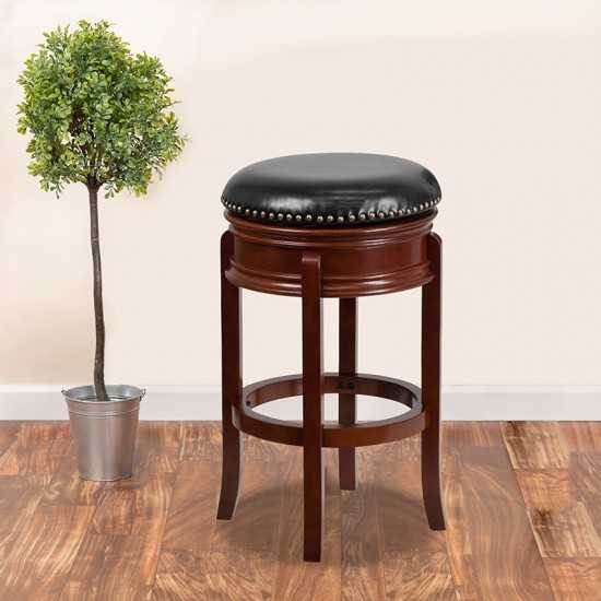 29'' High Backless Light Cherry Wood Barstool with Carved Apron and Black LeatherSoft Swivel Seat