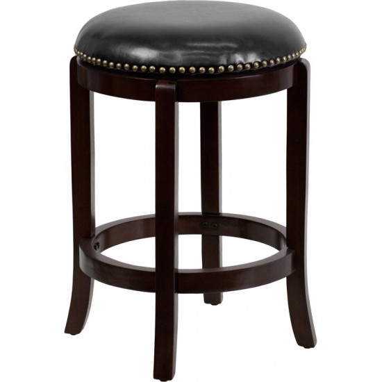 24'' High Backless Cappuccino Wood Counter Height Stool with Black LeatherSoft Swivel Seat