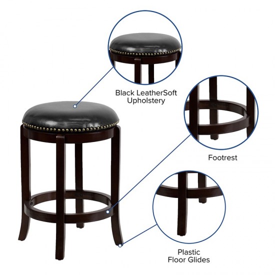 24'' High Backless Cappuccino Wood Counter Height Stool with Black LeatherSoft Swivel Seat