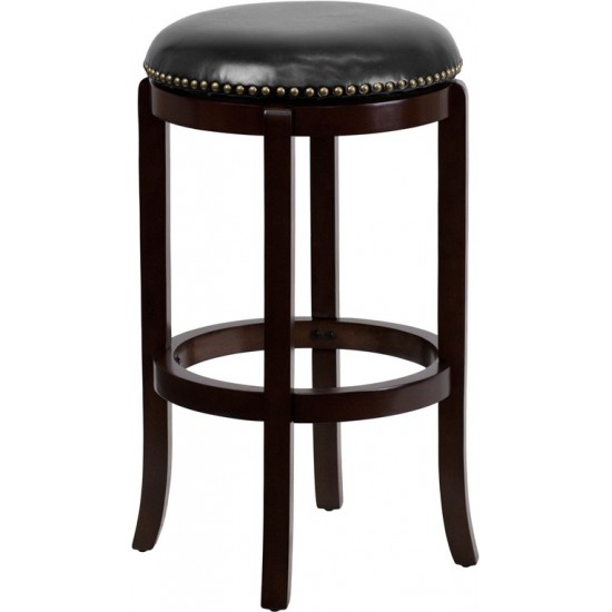 29'' High Backless Cappuccino Wood Barstool with Black LeatherSoft Swivel Seat