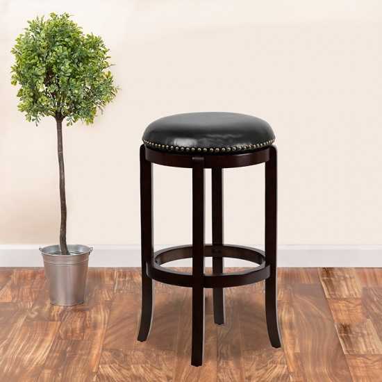 29'' High Backless Cappuccino Wood Barstool with Black LeatherSoft Swivel Seat