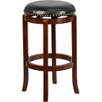 29'' High Backless Light Cherry Wood Barstool with Black LeatherSoft Swivel Seat