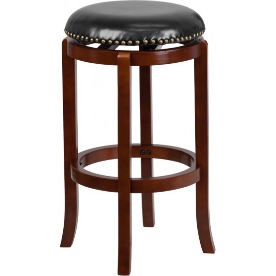 29'' High Backless Light Cherry Wood Barstool with Black LeatherSoft Swivel Seat