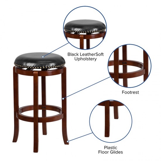 29'' High Backless Light Cherry Wood Barstool with Black LeatherSoft Swivel Seat